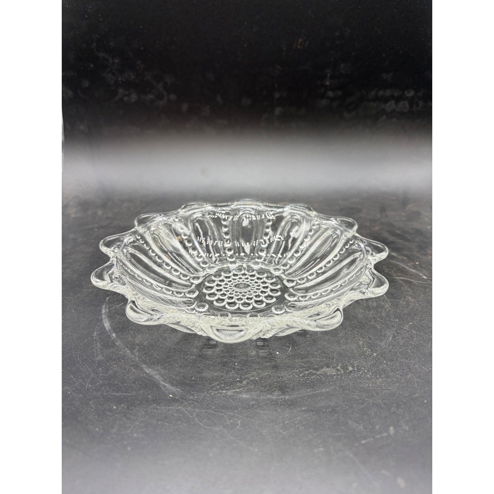 Vintage Clear Pressed Glass Hobnail Ribbed Scalloped Ruffle Rim Candy‎ Dish Bowl